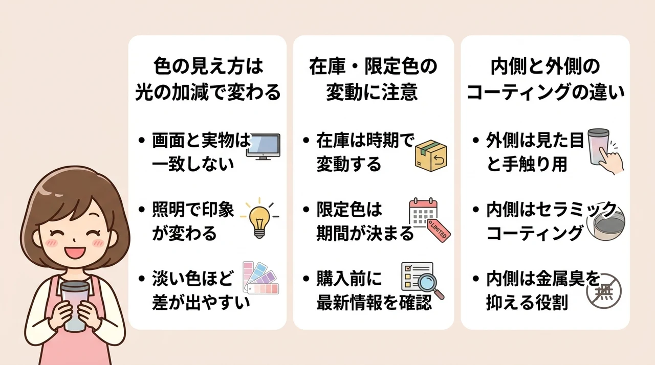 ストークタンブラー購入前の注意点の要点をまとめた図解（色の見え方は光の加減で変わる・在庫・限定色の変動に注意・内側と外側のコーティングの違い）