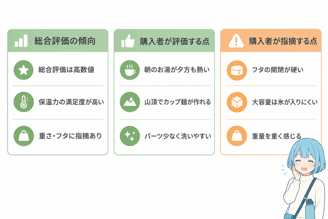 tempeak超保温ボトルの口コミと評判の全体像の要点をまとめた図解（総合評価の傾向・購入者が評価する点・購入者が指摘する点）