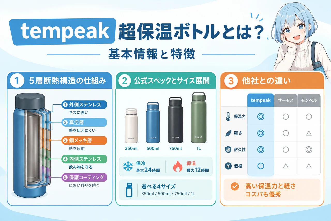 tempeak超保温ボトルとは？基本情報と特徴の要点をまとめた図解（5層断熱構造の仕組み・公式スペックとサイズ展開・サーモス・モンベルとの違い）