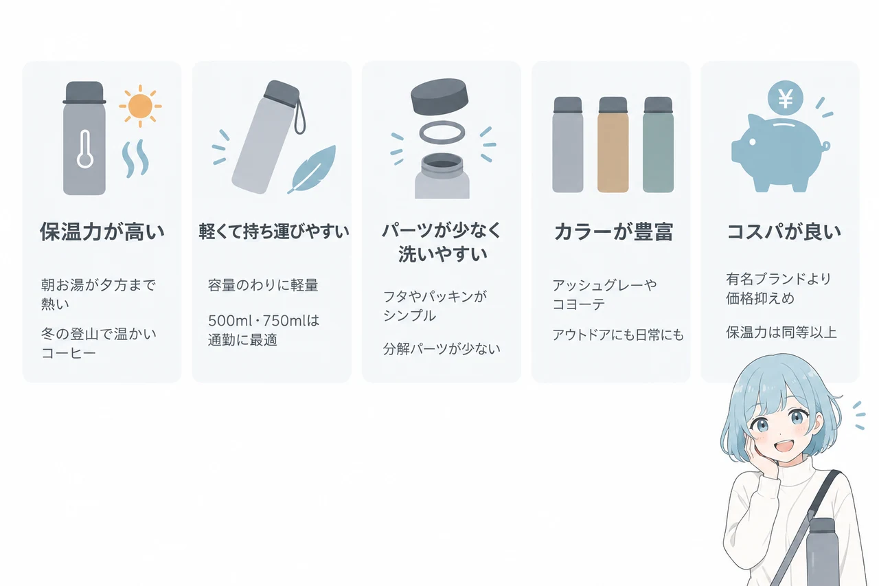 tempeak超保温ボトルの良い口コミの要点をまとめた図解（保温力が高い・軽くて持ち運びやすい・パーツが少なく洗いやすい）