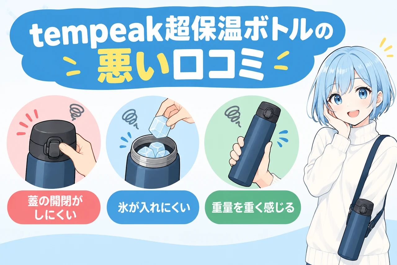 tempeak超保温ボトルの悪い口コミの要点をまとめた図解（蓋の開閉がしにくい・氷が入れにくい・重量を重く感じる）