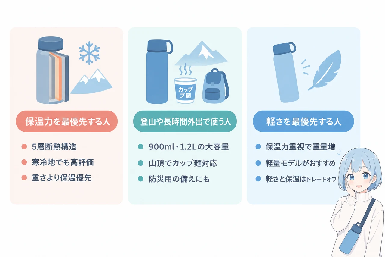 tempeak超保温ボトルが向いている人・向かない人の要点をまとめた図解（保温力を最優先する人・登山や長時間外出で使う人・軽さを最優先する人）