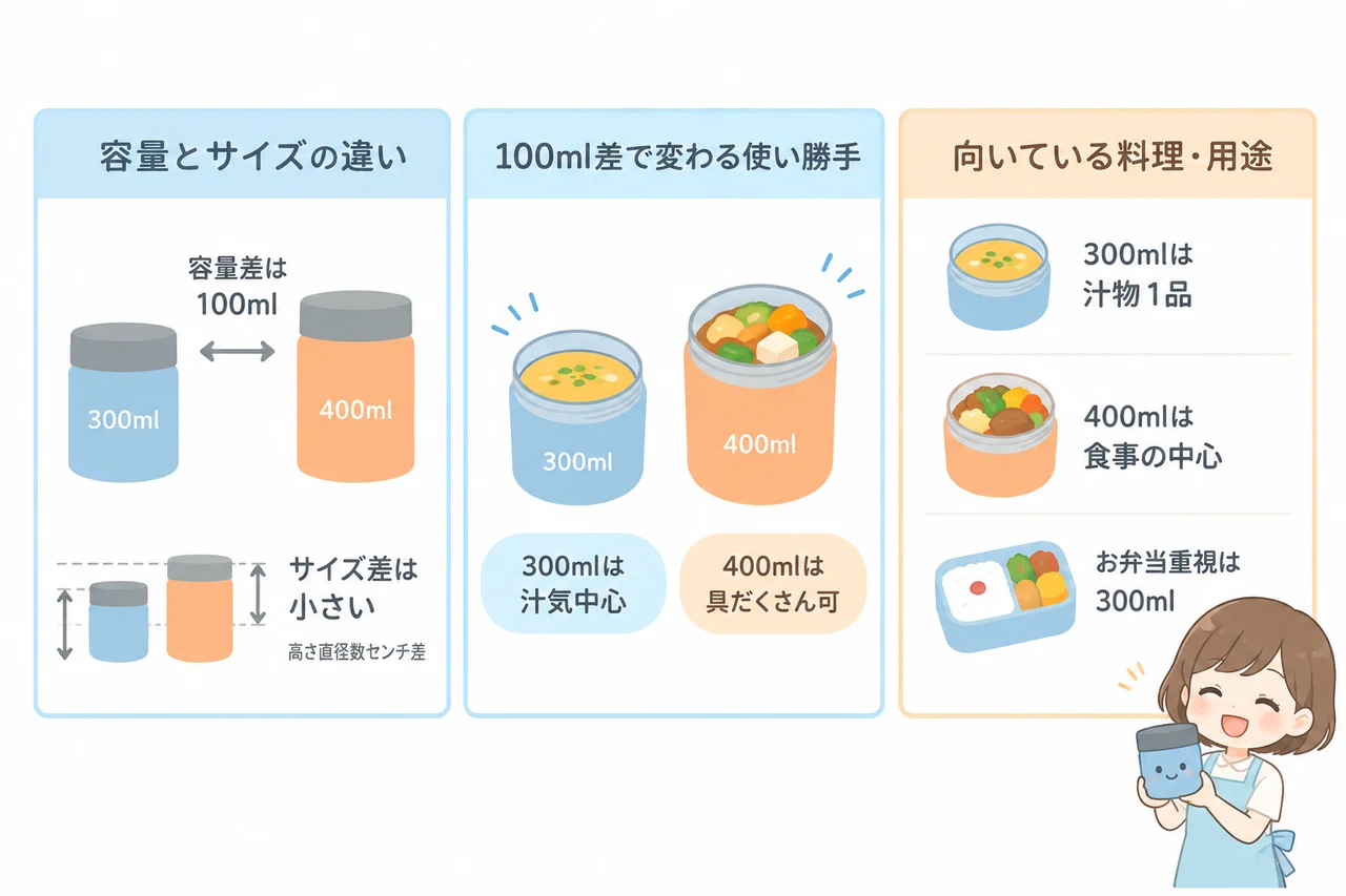 300mlと400mlを比較の要点をまとめた図解(容量とサイズの違い・100ml差で変わる使い勝手・向いている料理・用途)