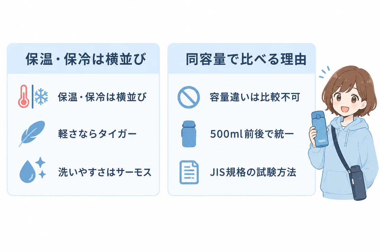 サーモスとタイガーの水筒比較で結論はどっち？の要点をまとめた図解（条件別の結論まとめ・同容量で比べる理由）