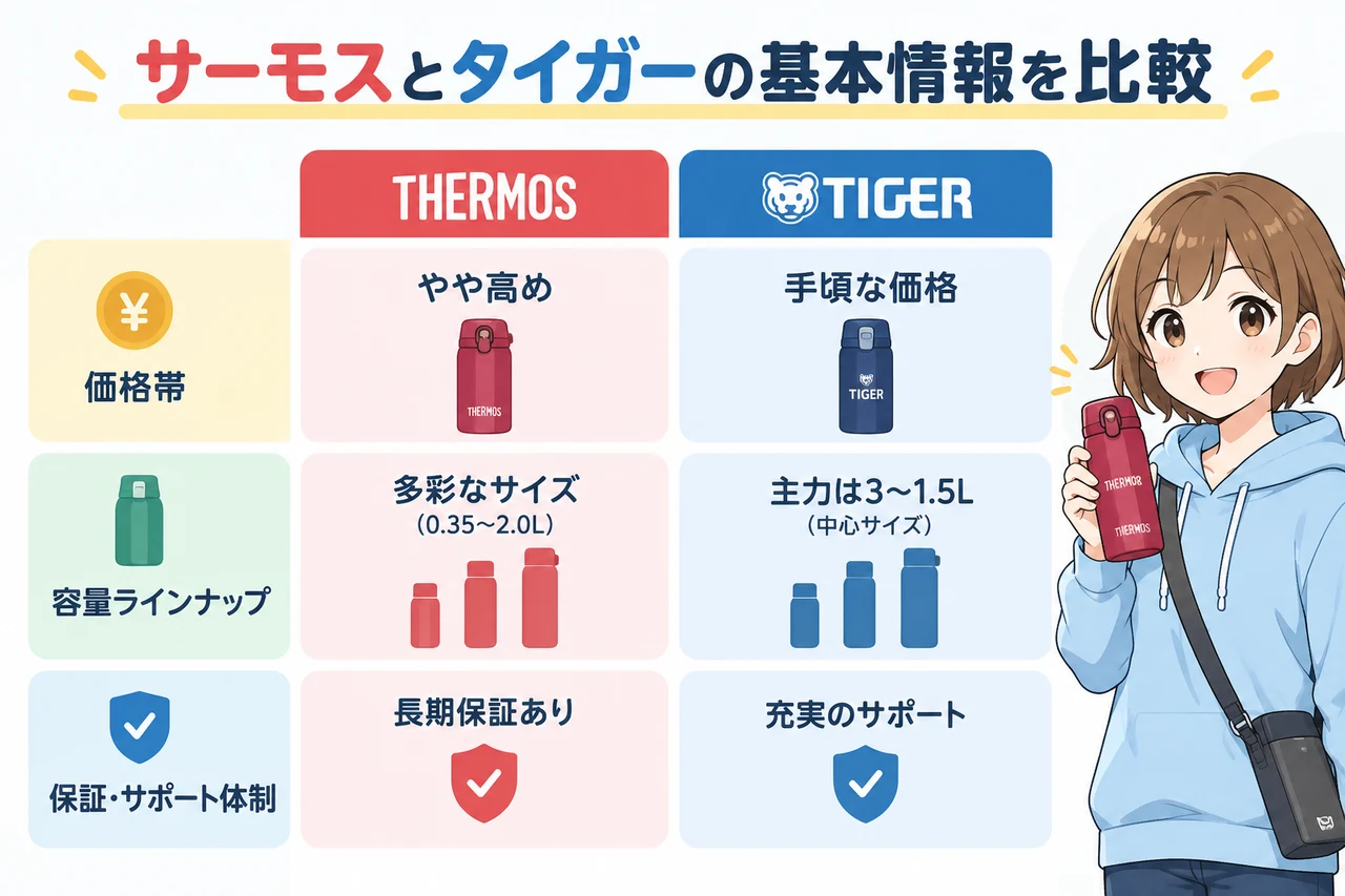 サーモスとタイガーの基本情報を比較の要点をまとめた図解（価格帯・容量ラインナップ・保証・サポート体制）