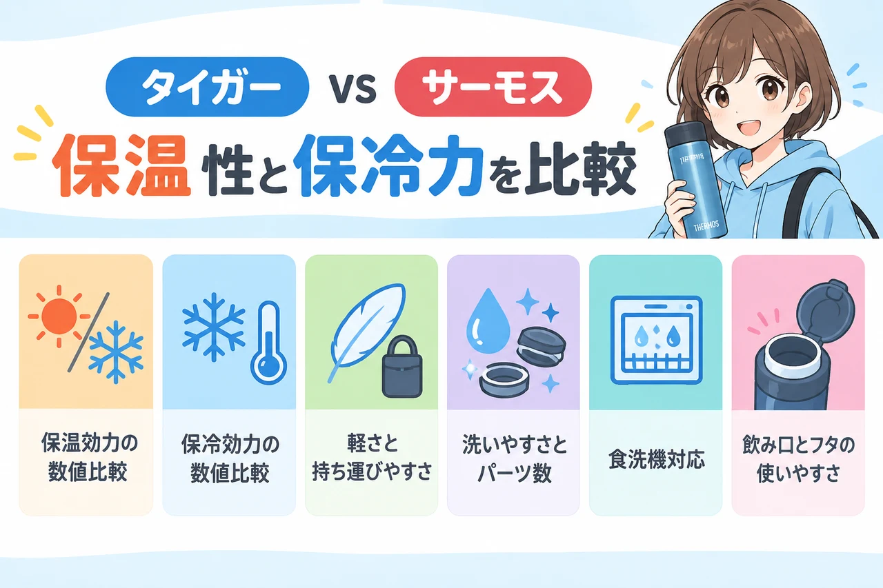 タイガー サーモス 保温 性と保冷力を比較の要点をまとめた図解（保温効力の数値比較・保冷効力の数値比較・軽さと持ち運びやすさ）