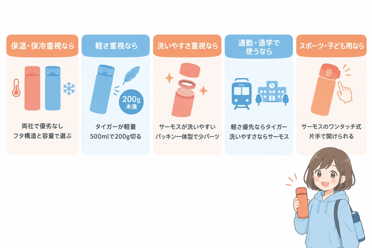 サーモスとタイガーの水筒はどっちがおすすめ？の要点をまとめた図解（保温・保冷重視なら・軽さ重視なら・洗いやすさ重視なら）