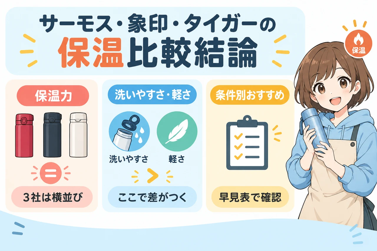 サーモス・象印・タイガーの保温比較結論の要点をまとめた図解（3社の保温力は横並び・差がつくのは洗いやすさと軽さ・条件別おすすめ早見表）