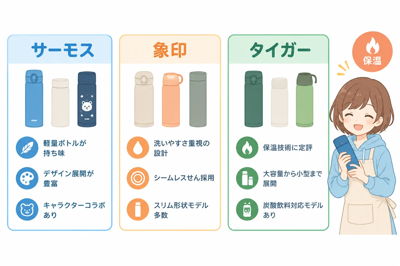サーモス・象印・タイガーの基本情報の要点をまとめた図解（サーモスの特徴・象印の特徴・タイガーの特徴）