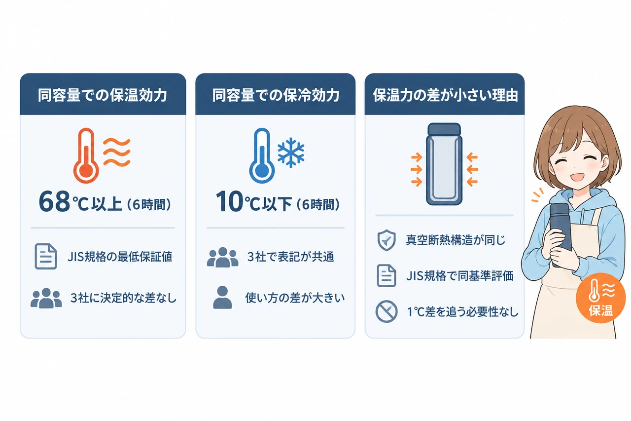 保温力・保冷力を公式スペックで比較の要点をまとめた図解（同容量での保温効力・同容量での保冷効力・保温力の差が小さい理由）