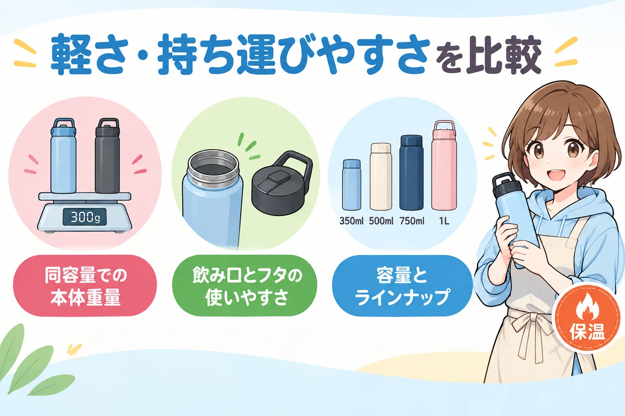 軽さ・持ち運びやすさを比較の要点をまとめた図解（同容量での本体重量・飲み口とフタの使いやすさ・容量とラインナップ）