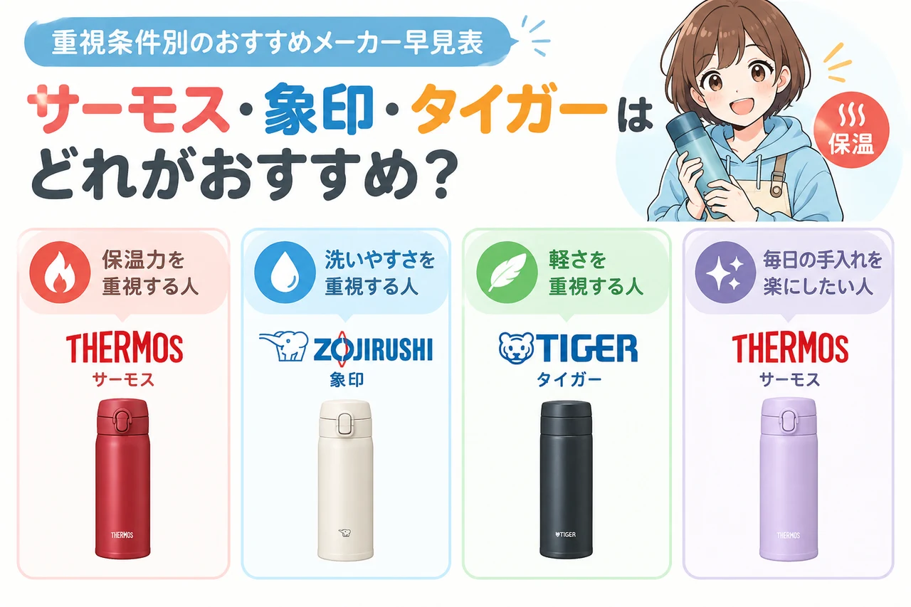 サーモス・象印・タイガーはどれがおすすめ？の要点をまとめた図解（保温力を重視する人・洗いやすさを重視する人・軽さを重視する人）