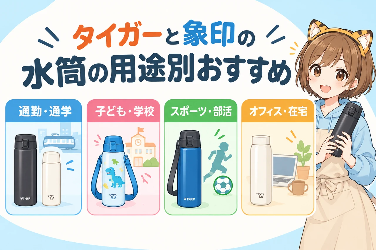 タイガーと象印の水筒の用途別おすすめの要点をまとめた図解（通勤・通学・子ども・学校・スポーツ・部活）