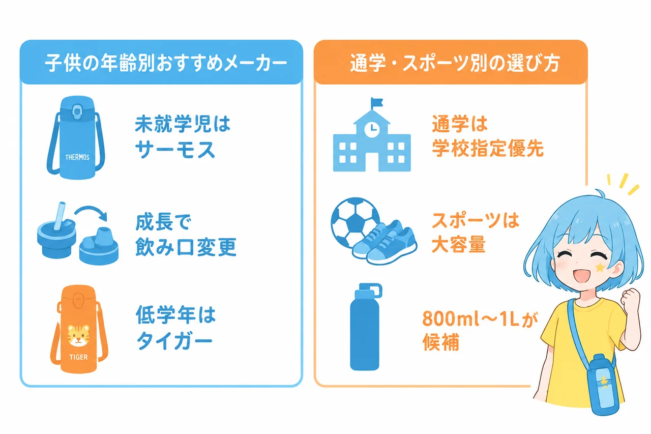 水筒 サーモス 象印 タイガー 比較 子供向けの結論の要点をまとめた図解（子供の年齢別おすすめメーカー・通学・スポーツ別の選び方）
