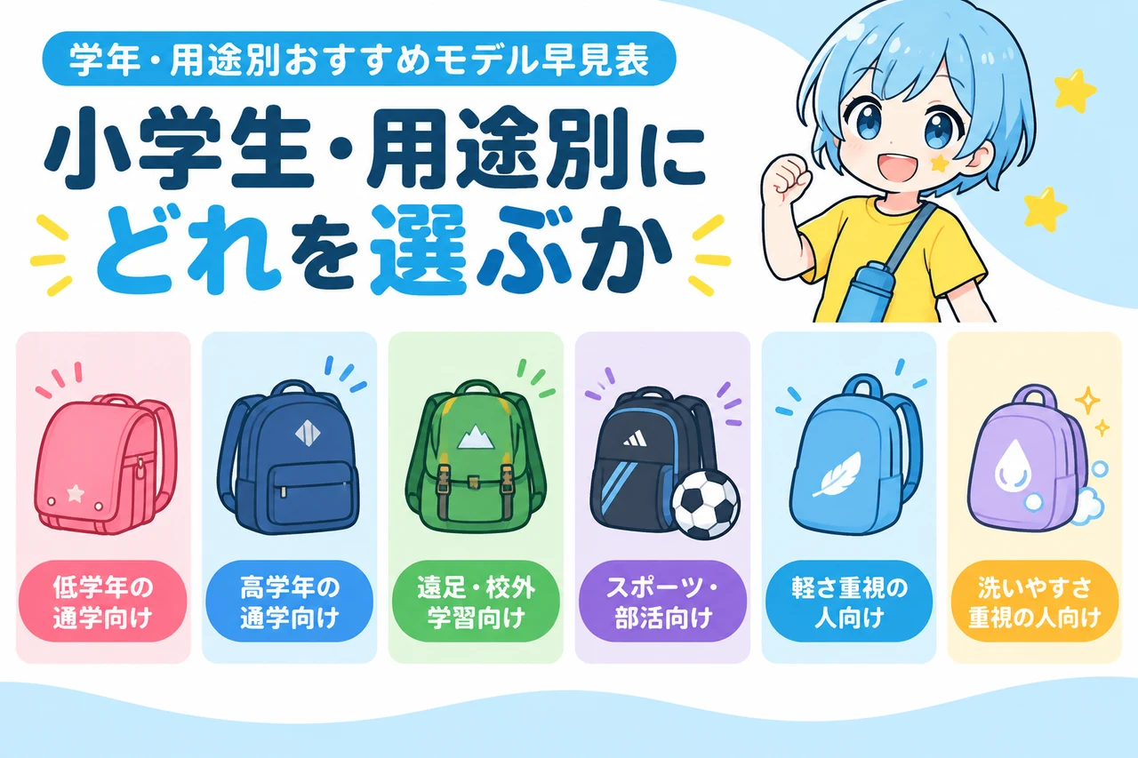 小学生・用途別にどれを選ぶかの要点をまとめた図解（低学年の通学向け・高学年の通学向け・遠足・校外学習向け）