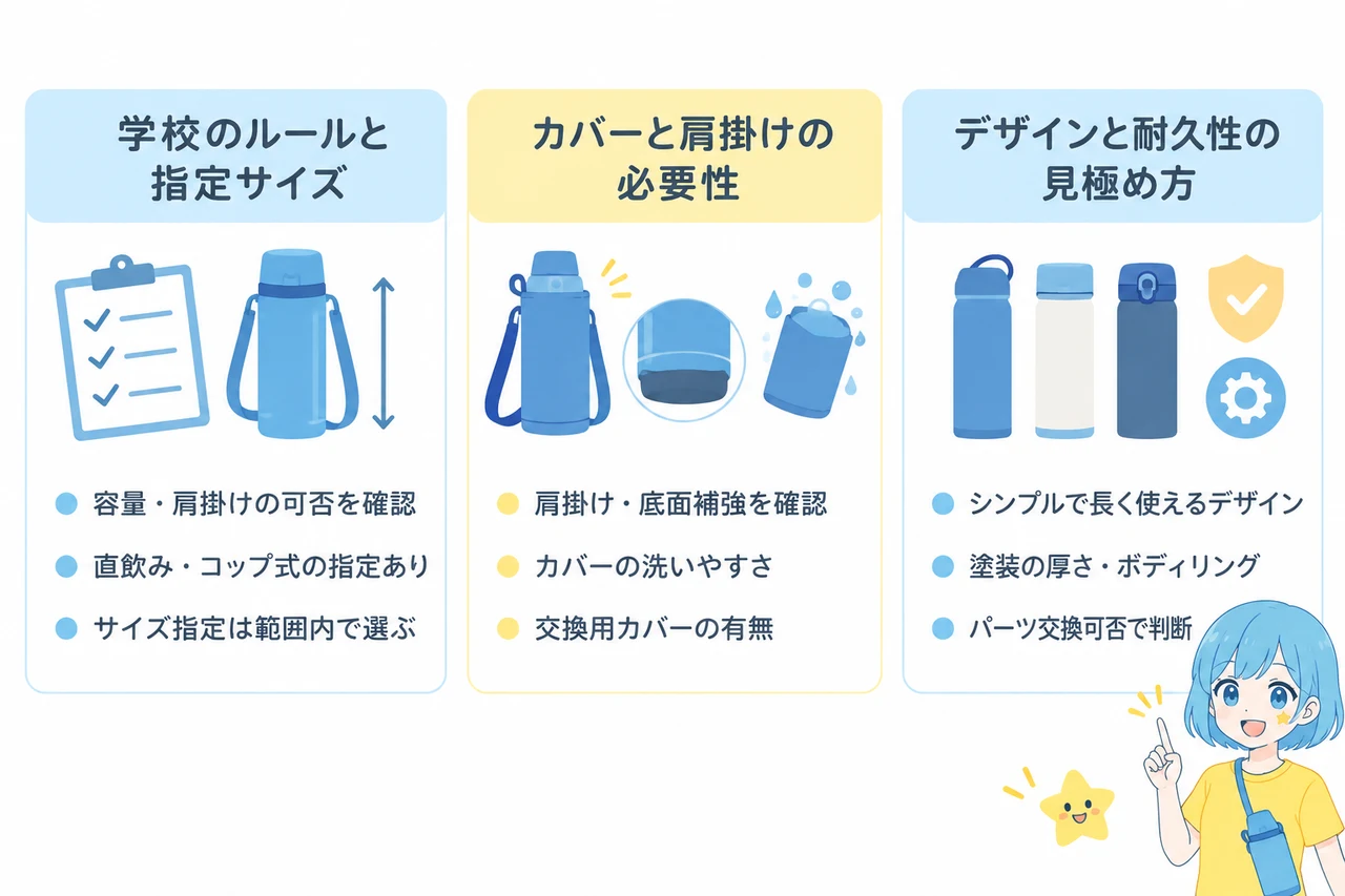 子供用水筒の購入前に確認したい注意点の要点をまとめた図解（学校のルールと指定サイズ・カバーと肩掛けの必要性・デザインと耐久性の見極め方）